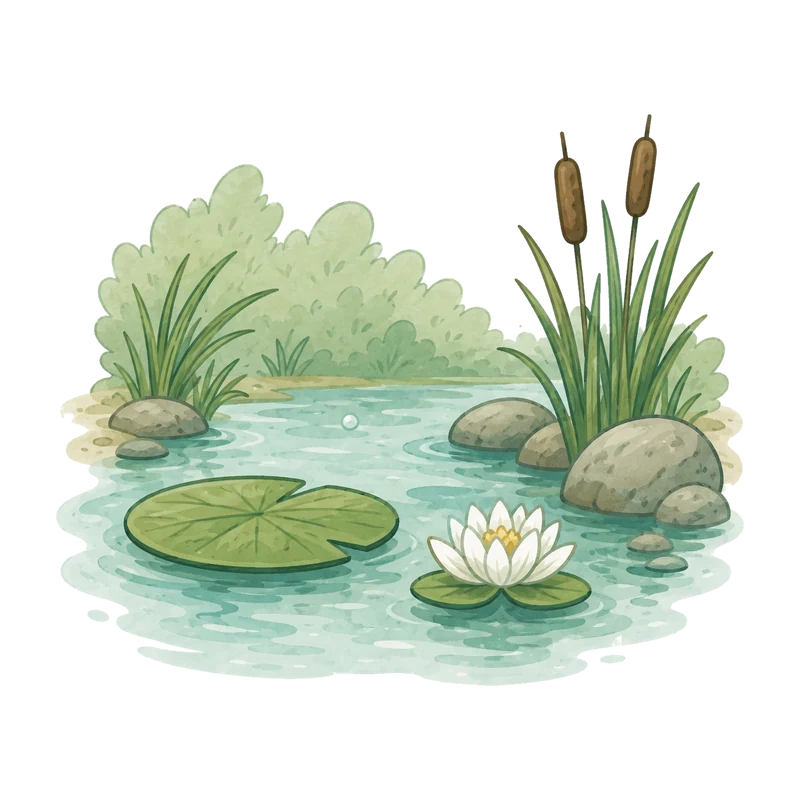 Watercolour illustration of a calm pond scene